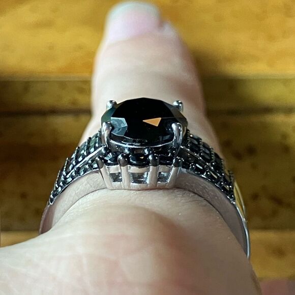 Natural Black Spinel Sterling Silver Ring Set Size 8.75 - Picture 2 of 10